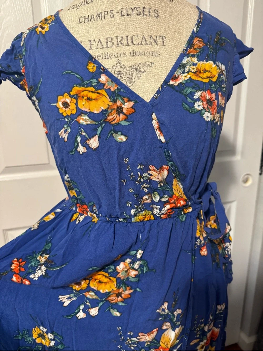 Medium Blue Floral Wrap Maxi Dress with Pockets
